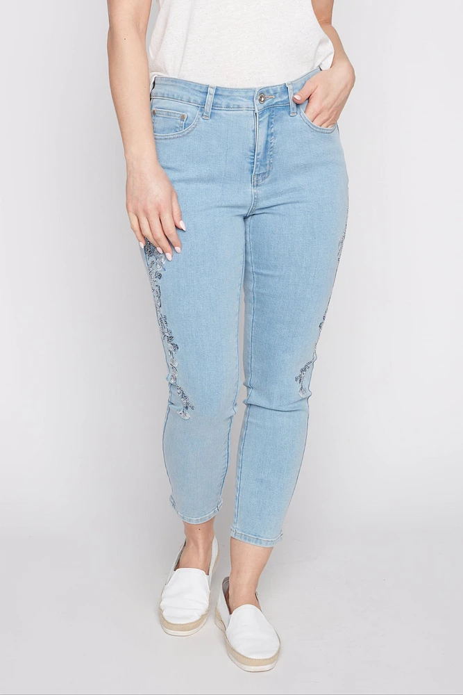 Slim leg floral embroidery jean