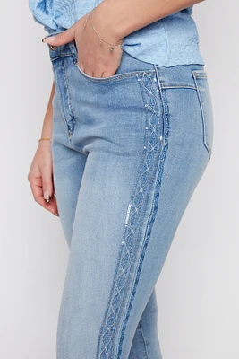 Slim leg side embroidery jean