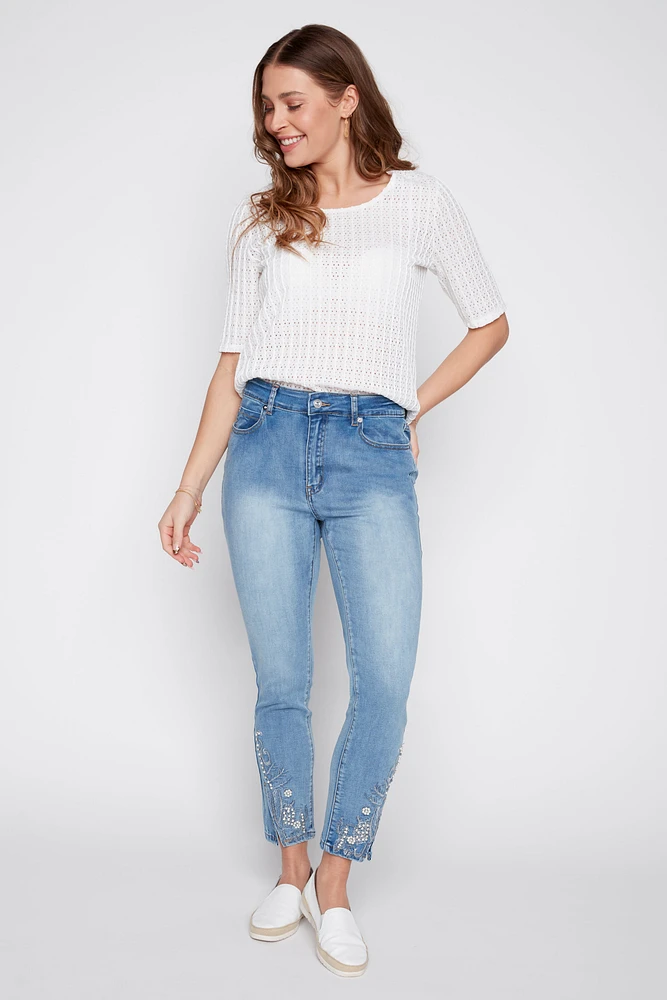 Slim leg embroidery and pearl detail jean