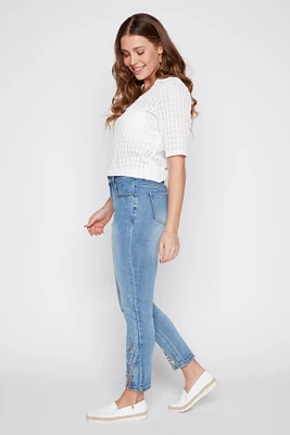 Slim leg embroidery and pearl detail jean