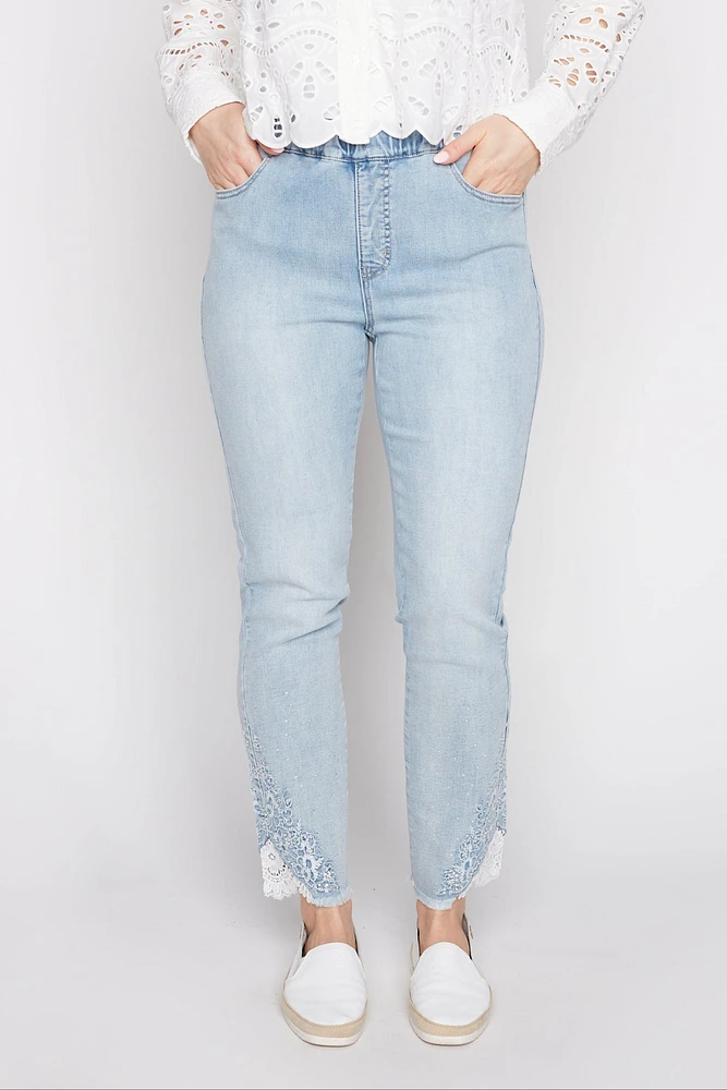 Lace hem denim jogger