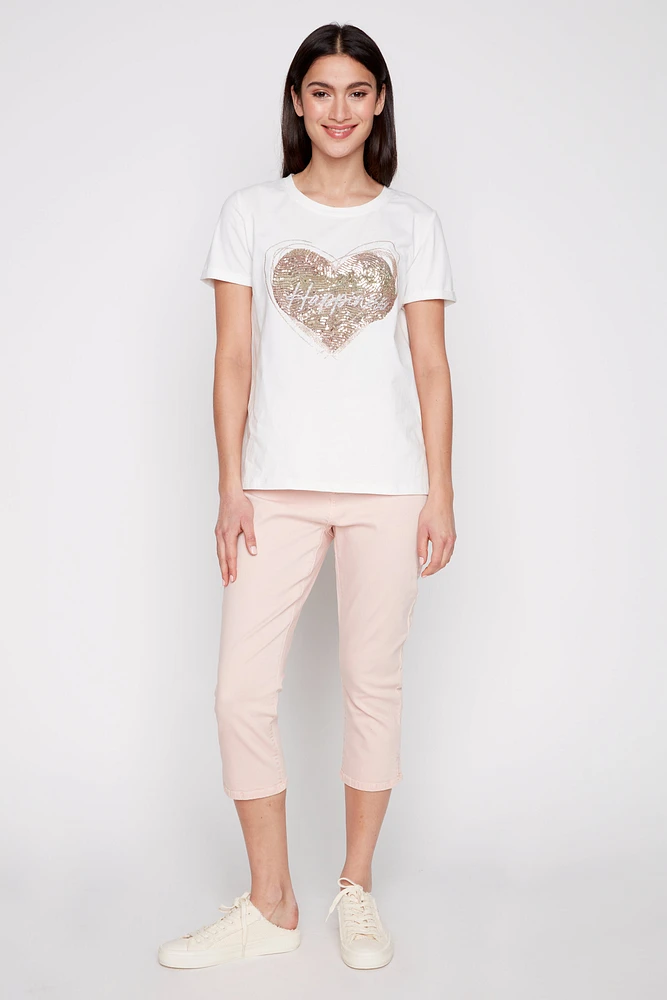 Sequin heart cotton t-shirt