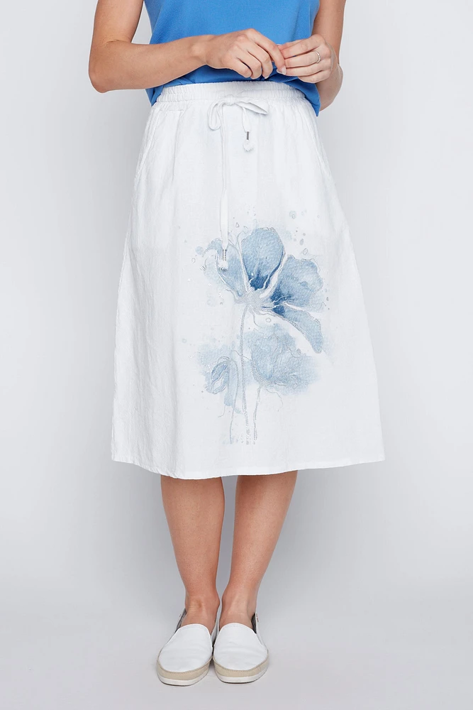 Flower print cotton linen blend skirt