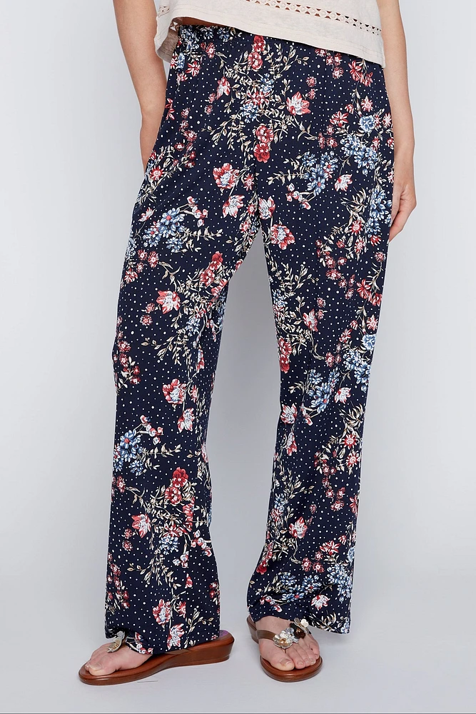 Floral and dot puff print wide leg pant