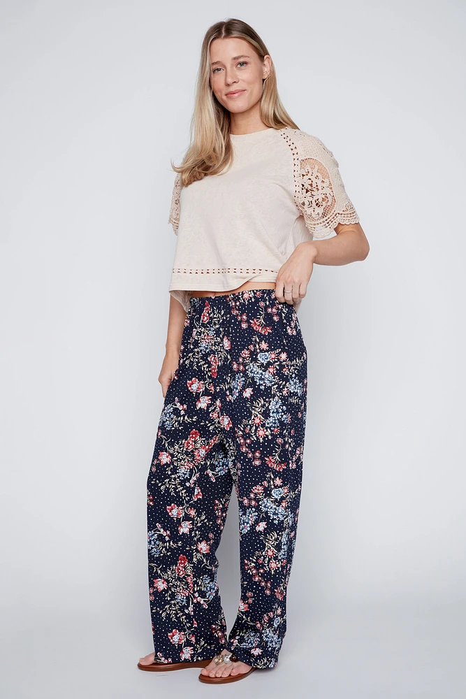 Floral and dot puff print wide leg pant