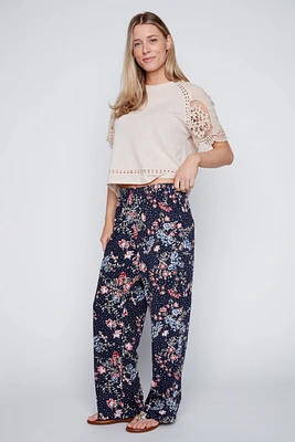 Floral and dot puff print wide leg pant