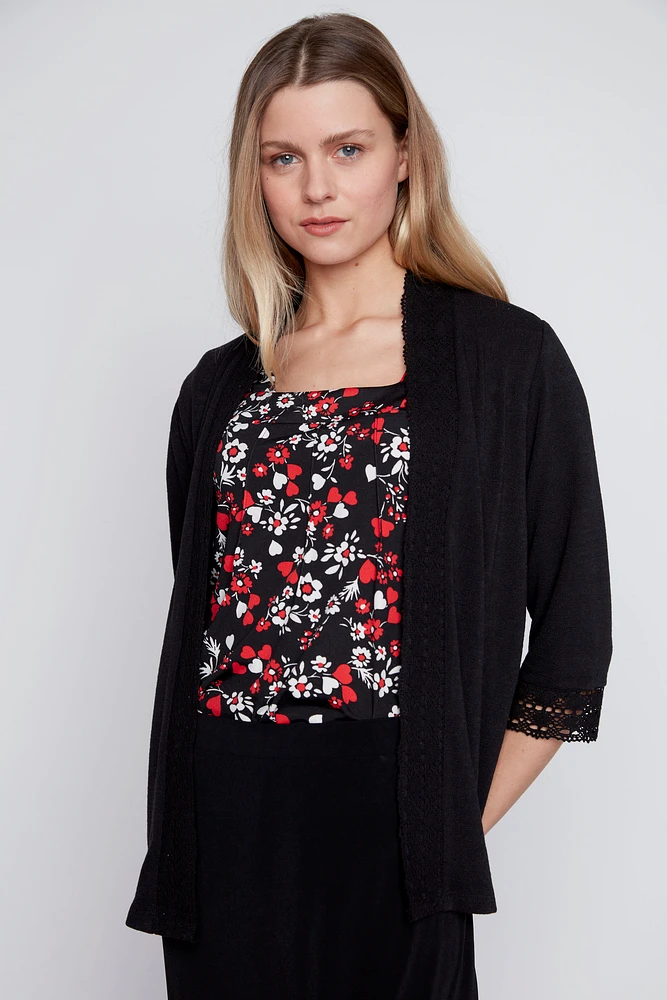 Crochet trim solid cardigan