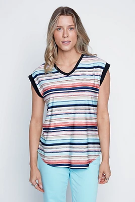Le t-shirt à rayures multiples et col en v