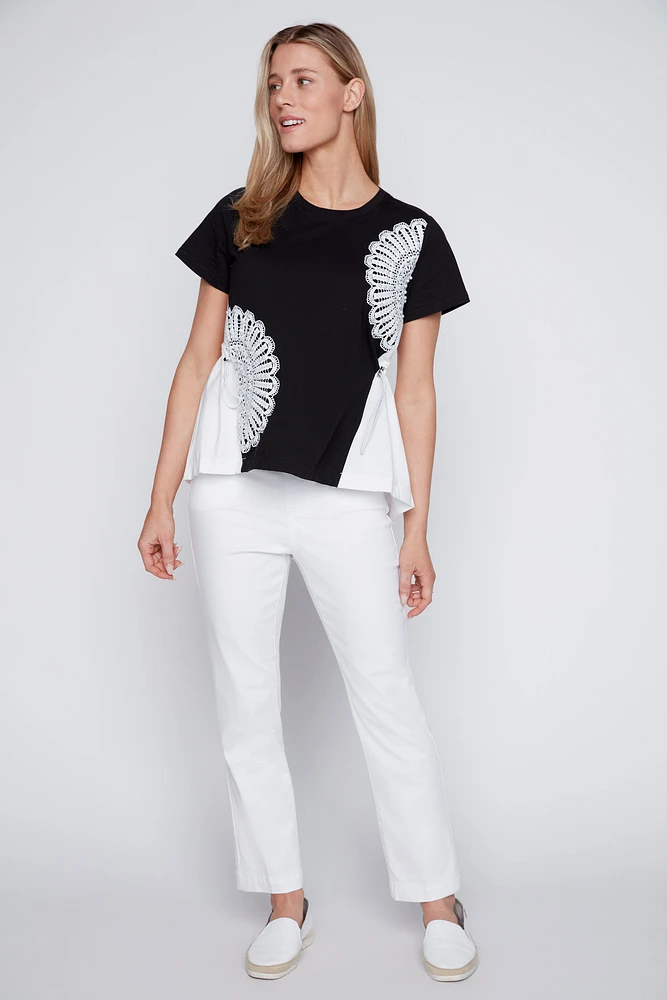 Pointelle flower cotton t-shirt