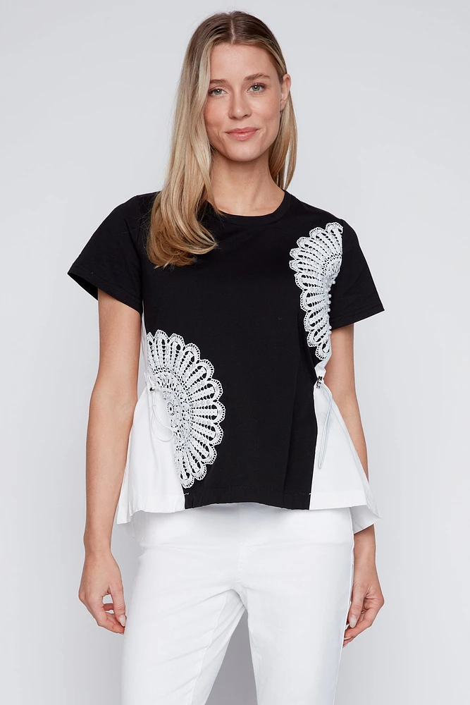 Pointelle flower cotton t-shirt
