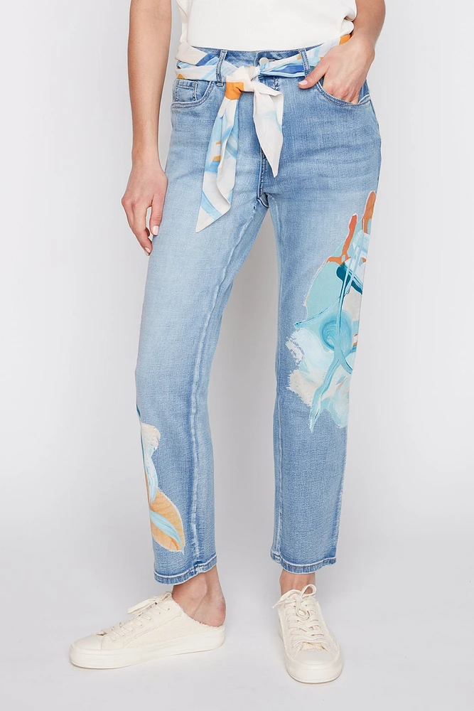 Slim leg painted jean with scarf belt