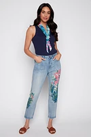 Slim leg printed jean with scarf belt