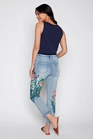 Slim leg printed jean with scarf belt