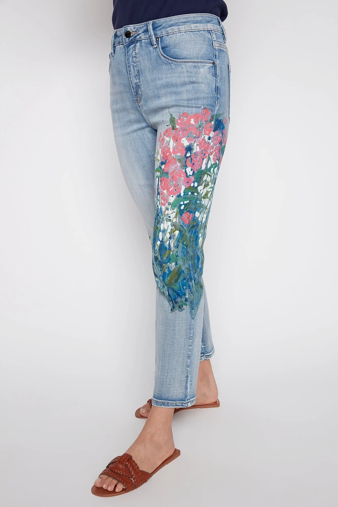 Slim leg printed jean with scarf belt