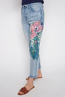 Slim leg printed jean with scarf belt