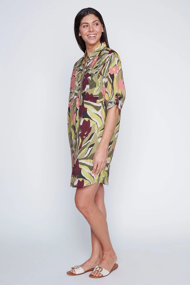 Tropical print shirt dress