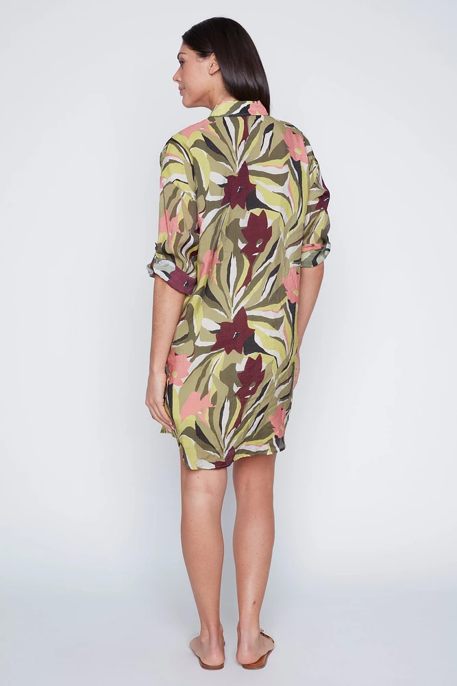 Tropical print shirt dress