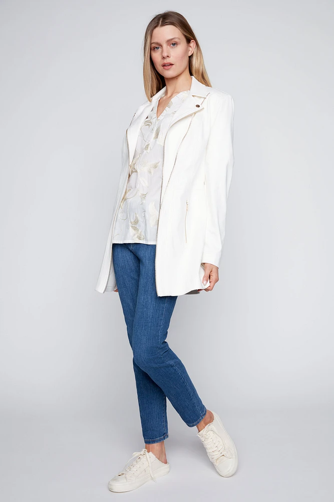 Long pleather zipper trim blazer