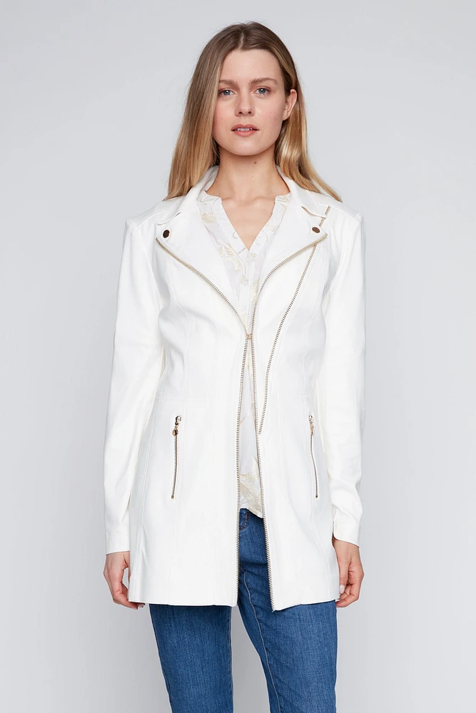 Long pleather zipper trim blazer