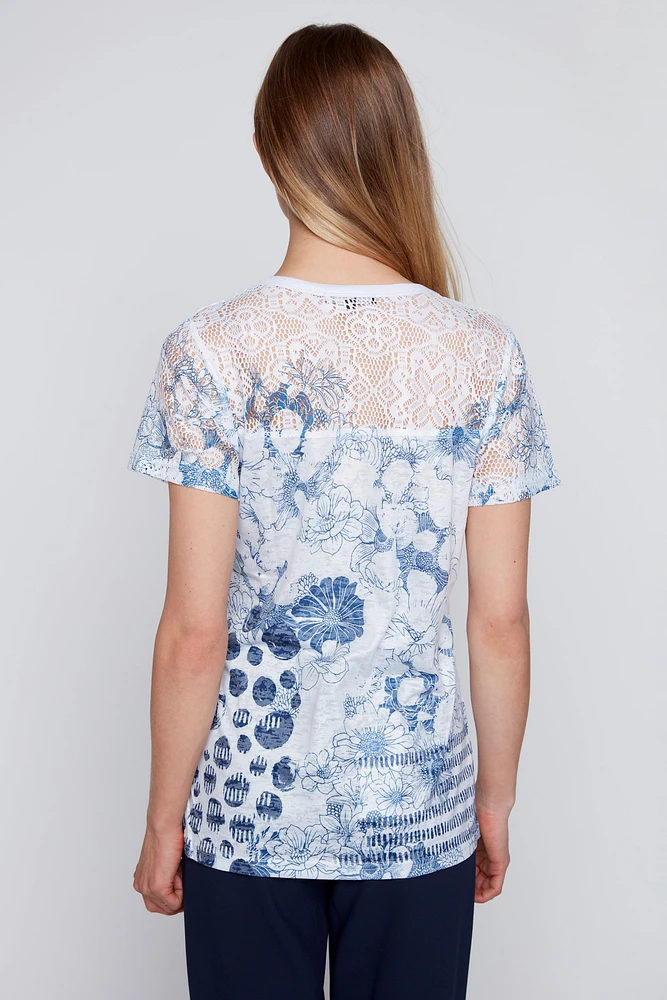 Dot lace print burnout t-shirt