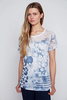 Dot lace print burnout t-shirt