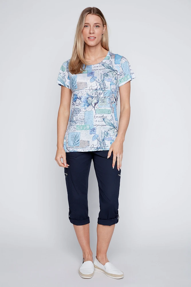 Newspaper floral print burnout t-shirt