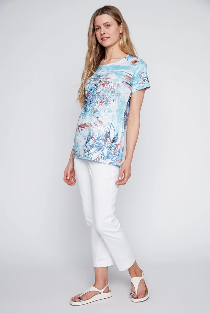 Leaf and floral print burnout t-shirt