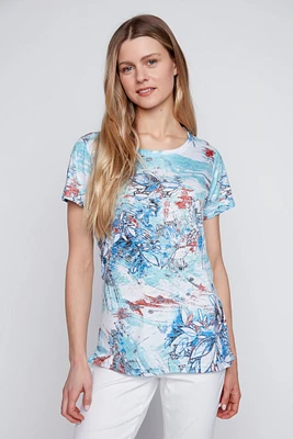 Leaf and floral print burnout t-shirt