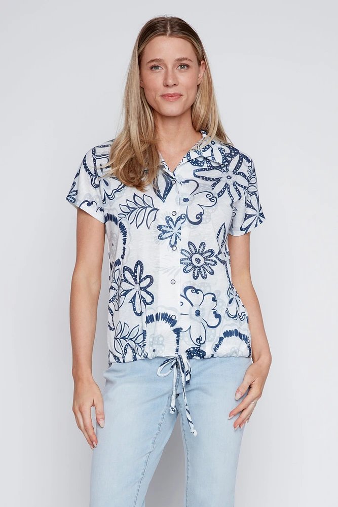 Floral print drawstring hem blouse