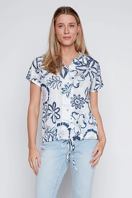 Floral print drawstring hem blouse