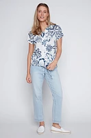 Floral print drawstring hem blouse