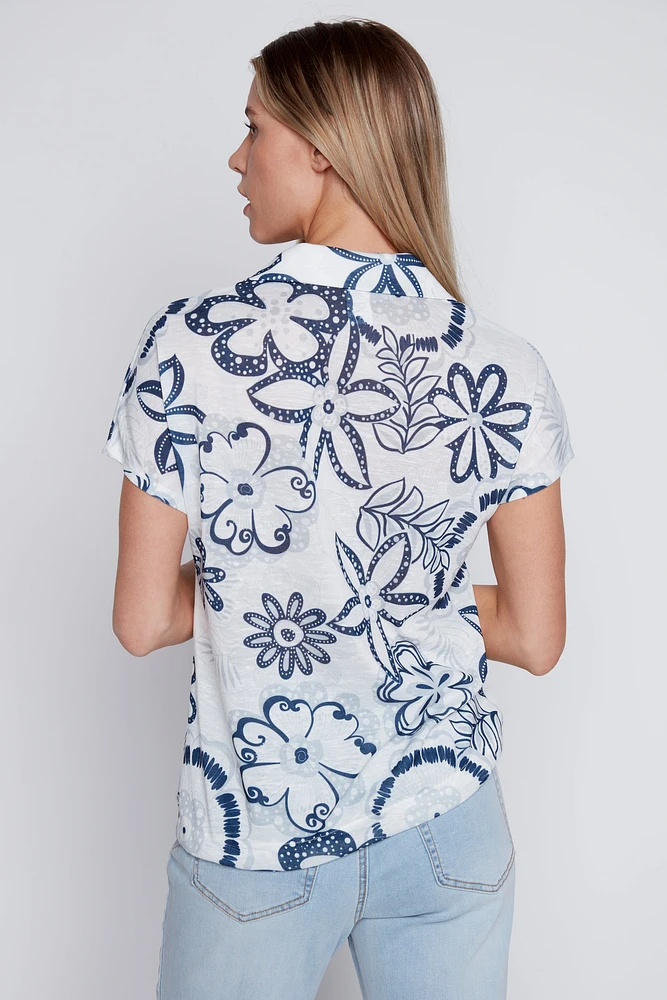Floral print drawstring hem blouse