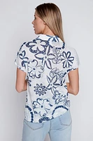 Floral print drawstring hem blouse