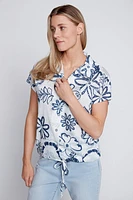 Floral print drawstring hem blouse