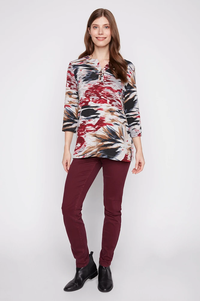 Henley abstract print knit top