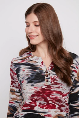 Henley abstract print knit top