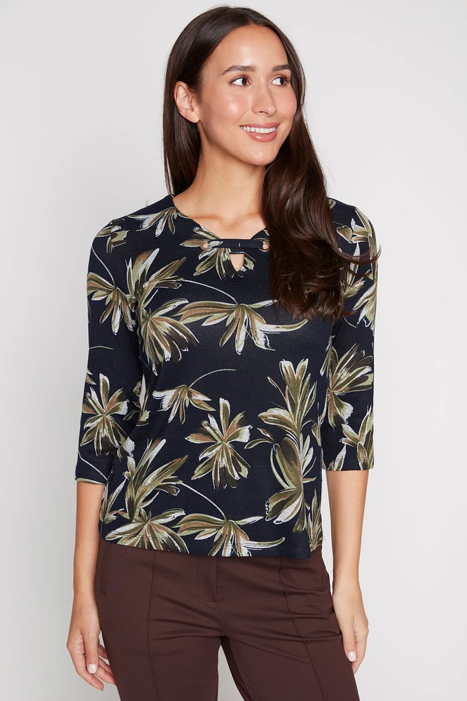 Leaf print gromet detail knit top