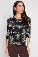 Leaf print gromet detail knit top