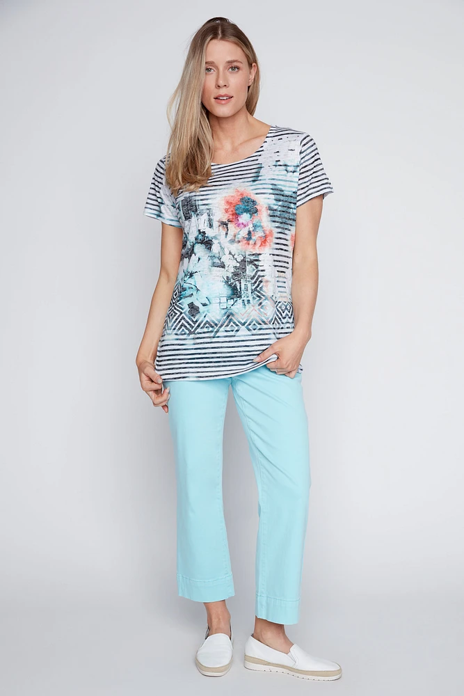 Stripe and floral print burnout t-shirt
