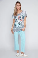 Stripe and floral print burnout t-shirt