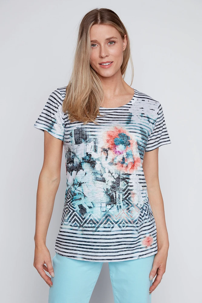Stripe and floral print burnout t-shirt