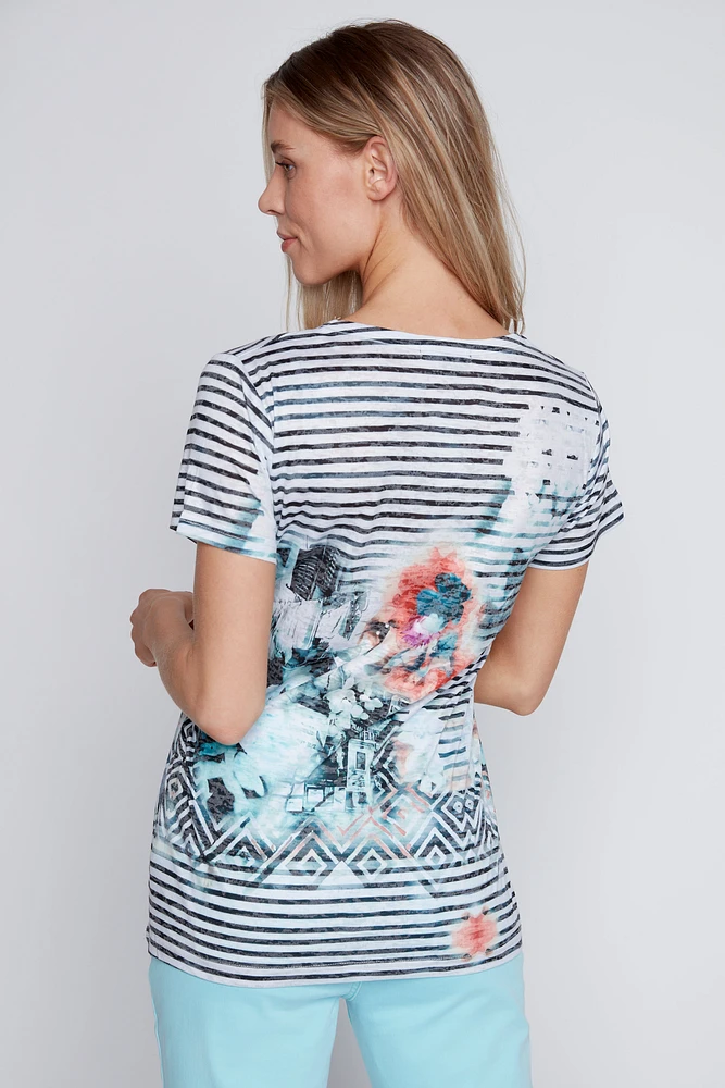 Stripe and floral print burnout t-shirt