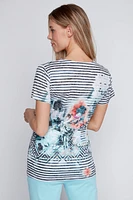 Stripe and floral print burnout t-shirt
