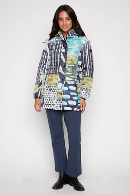 Printed quilt hooded long jacket