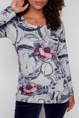 Abstract floral pattern knit top