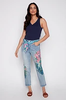 Slim leg printed jean with scarf belt