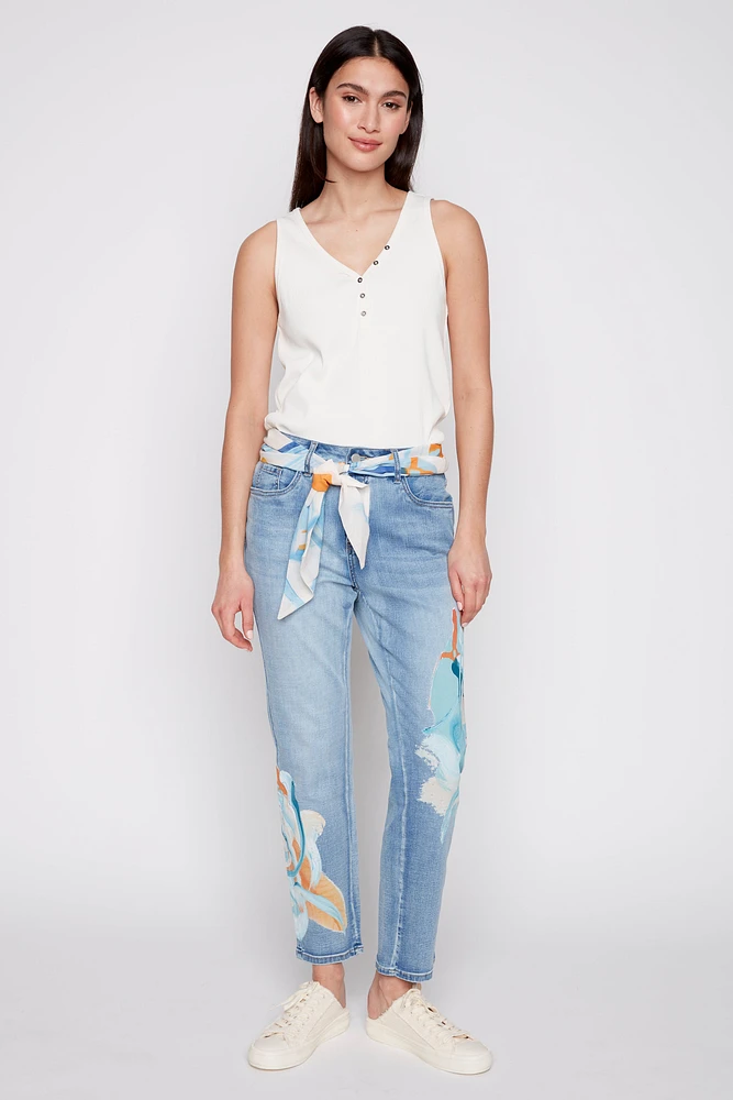 Slim leg painted jean with scarf belt