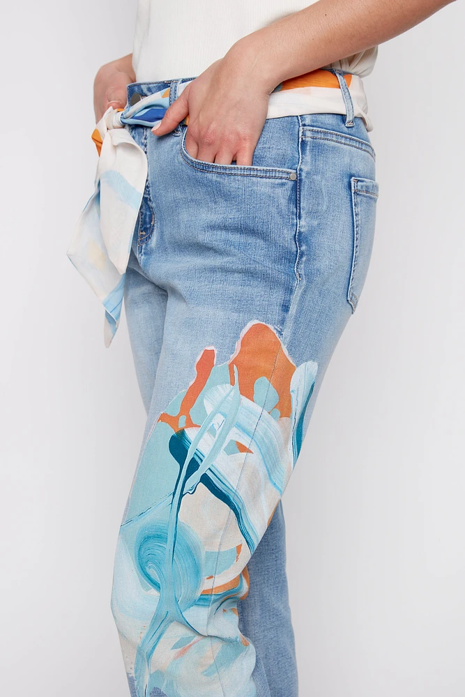 Slim leg painted jean with scarf belt