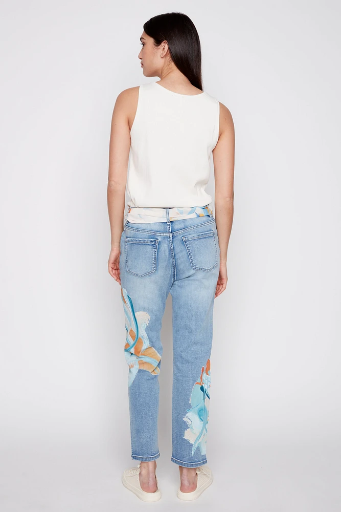 Slim leg painted jean with scarf belt