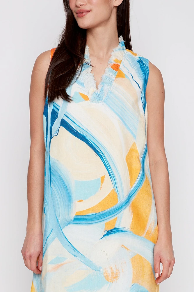 Printed linen blend dress with pockets